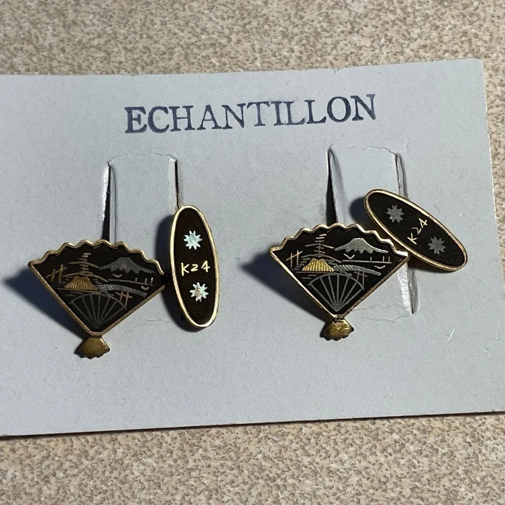 Vintage Japanese Damascene Fan Black and Gold inlay Cuff Links